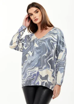 Women's Elegant Blue Marble Print V-neck Top with Full Length Sleeves for Stylish Versatility