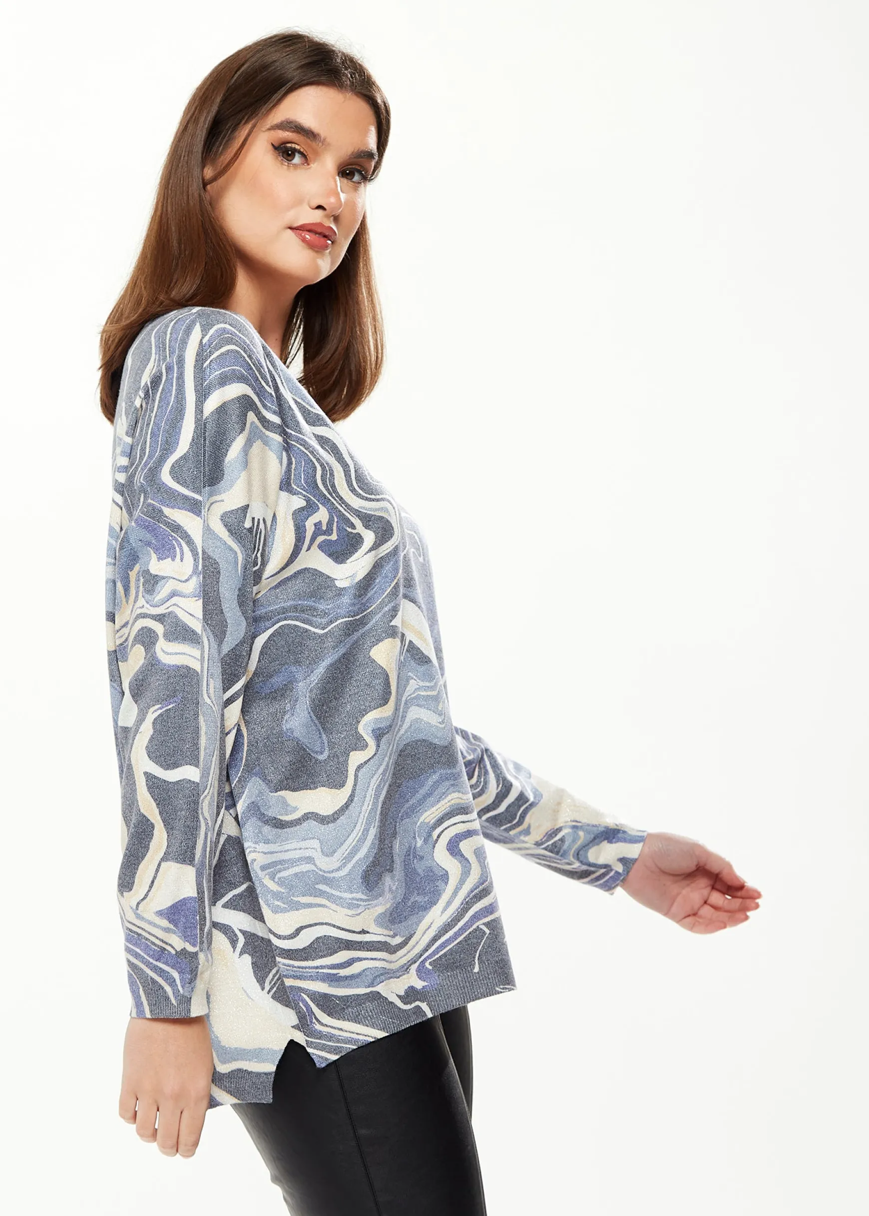Women's Elegant Blue Marble Print V-neck Top with Full Length Sleeves for Stylish Versatility
