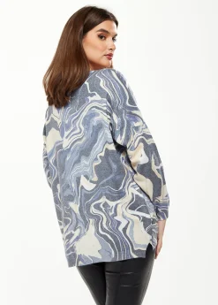 Women's Elegant Blue Marble Print V-neck Top with Full Length Sleeves for Stylish Versatility