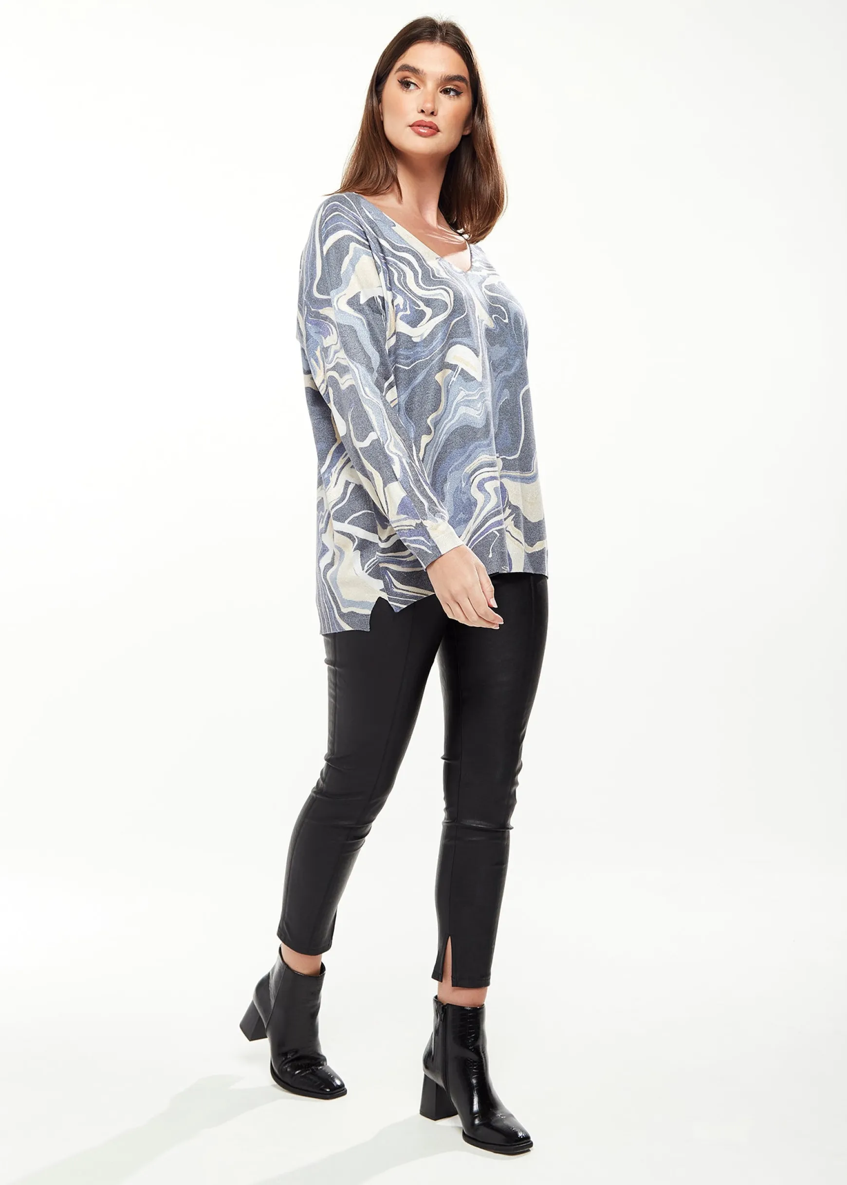 Women's Elegant Blue Marble Print V-neck Top with Full Length Sleeves for Stylish Versatility
