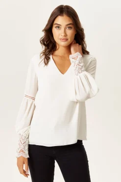 Women's Elegant V Neck White Lace Cuffed Long Sleeve Top with Regular Fit and Stylish Details
