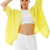 Women's Elegant Yellow Jacquard Kimono with Long Sleeves, Open Front Design for Versatile Day-to-Night Styling