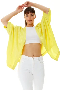 Women's Elegant Yellow Jacquard Kimono with Long Sleeves, Open Front Design for Versatile Day-to-Night Styling