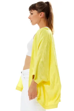 Women's Elegant Yellow Jacquard Kimono with Long Sleeves, Open Front Design for Versatile Day-to-Night Styling