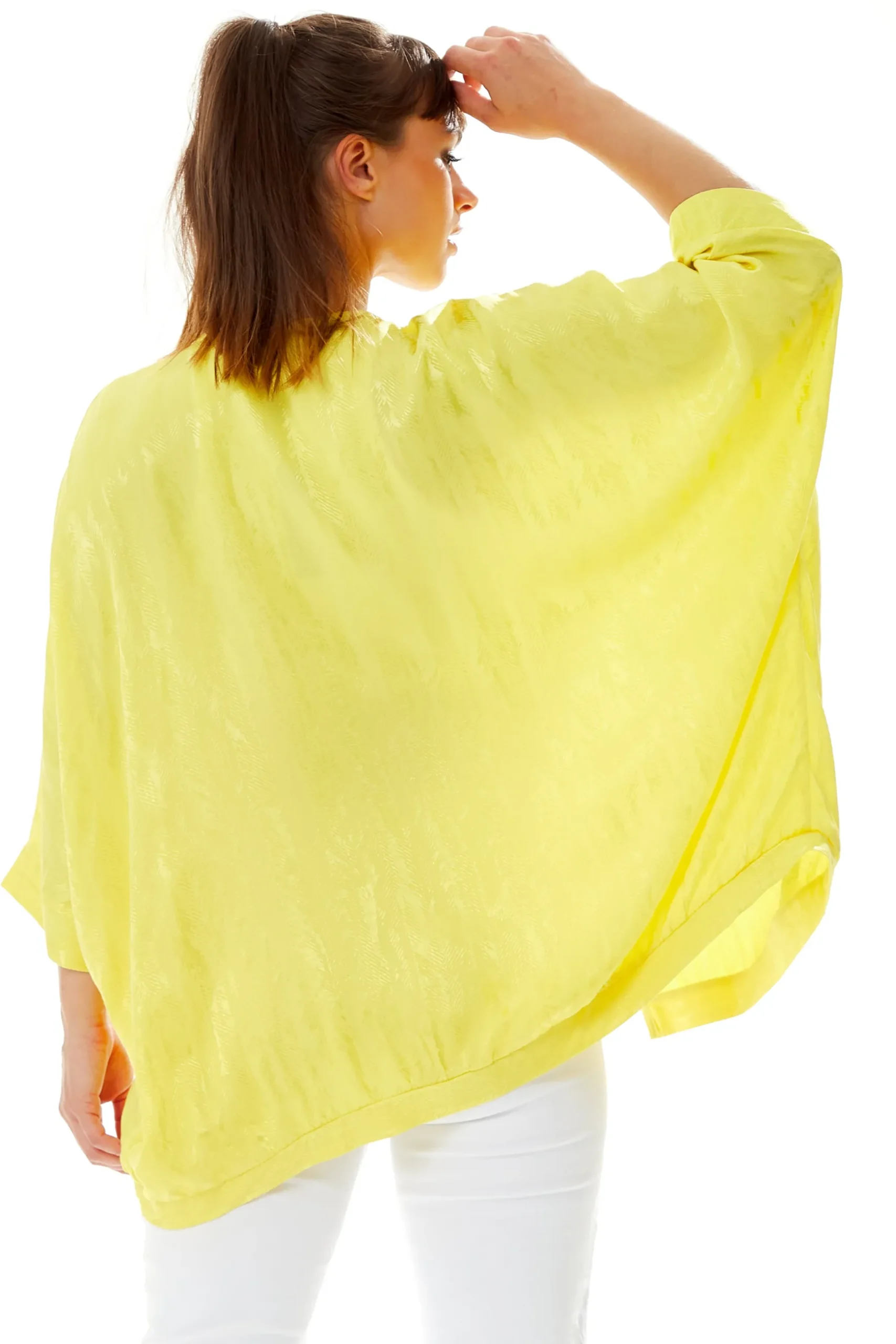 Women's Elegant Yellow Jacquard Kimono with Long Sleeves, Open Front Design for Versatile Day-to-Night Styling