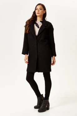 Women's Extra Loose Fit Black Bouclè Coat with Notch Lapels and Dropped Shoulders - Liquorish