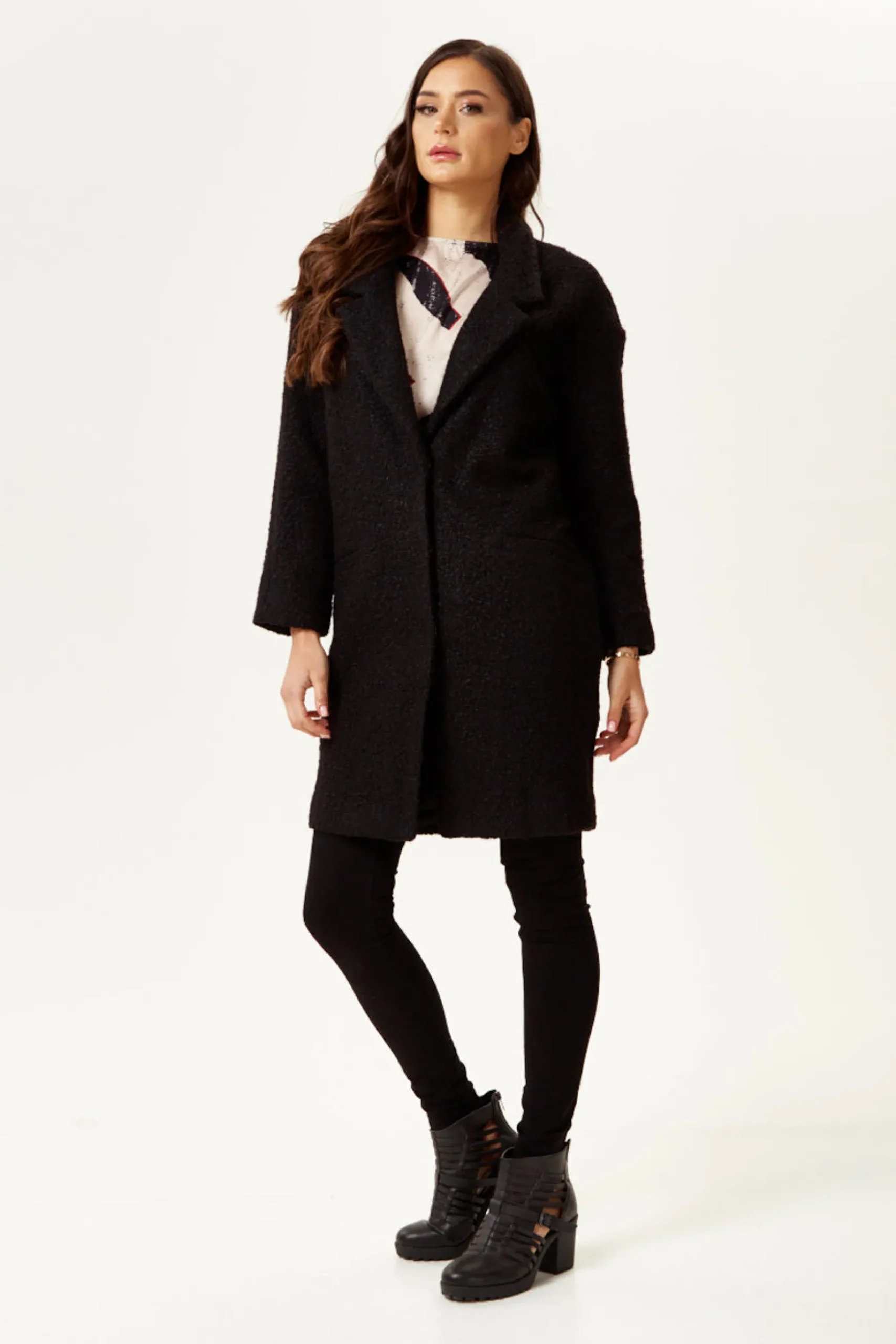 Women's Extra Loose Fit Black Bouclè Coat with Notch Lapels and Dropped Shoulders - Liquorish