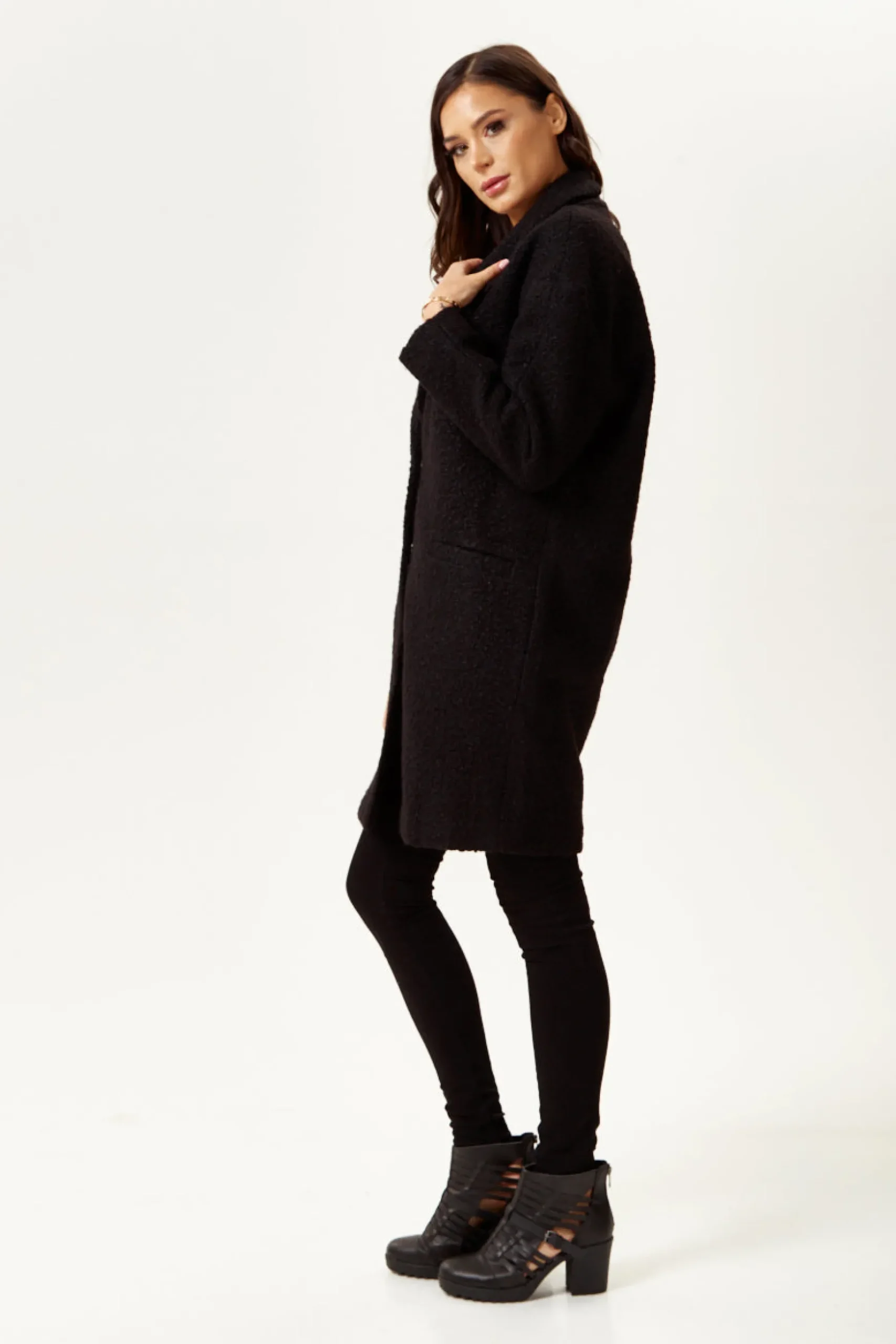 Women's Extra Loose Fit Black Bouclè Coat with Notch Lapels and Dropped Shoulders - Liquorish