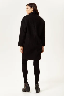 Women's Extra Loose Fit Black Bouclè Coat with Notch Lapels and Dropped Shoulders - Liquorish