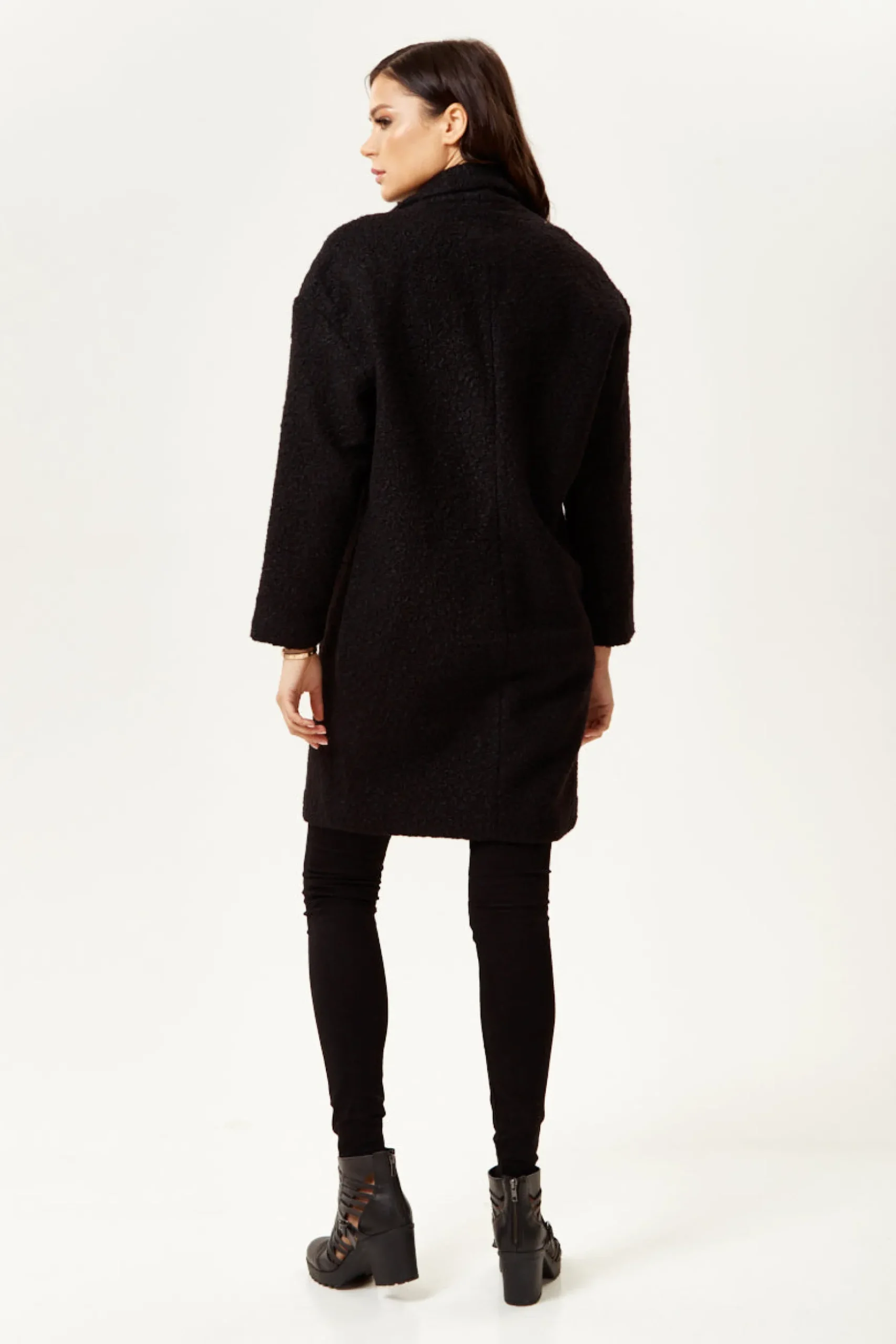 Women's Extra Loose Fit Black Bouclè Coat with Notch Lapels and Dropped Shoulders - Liquorish