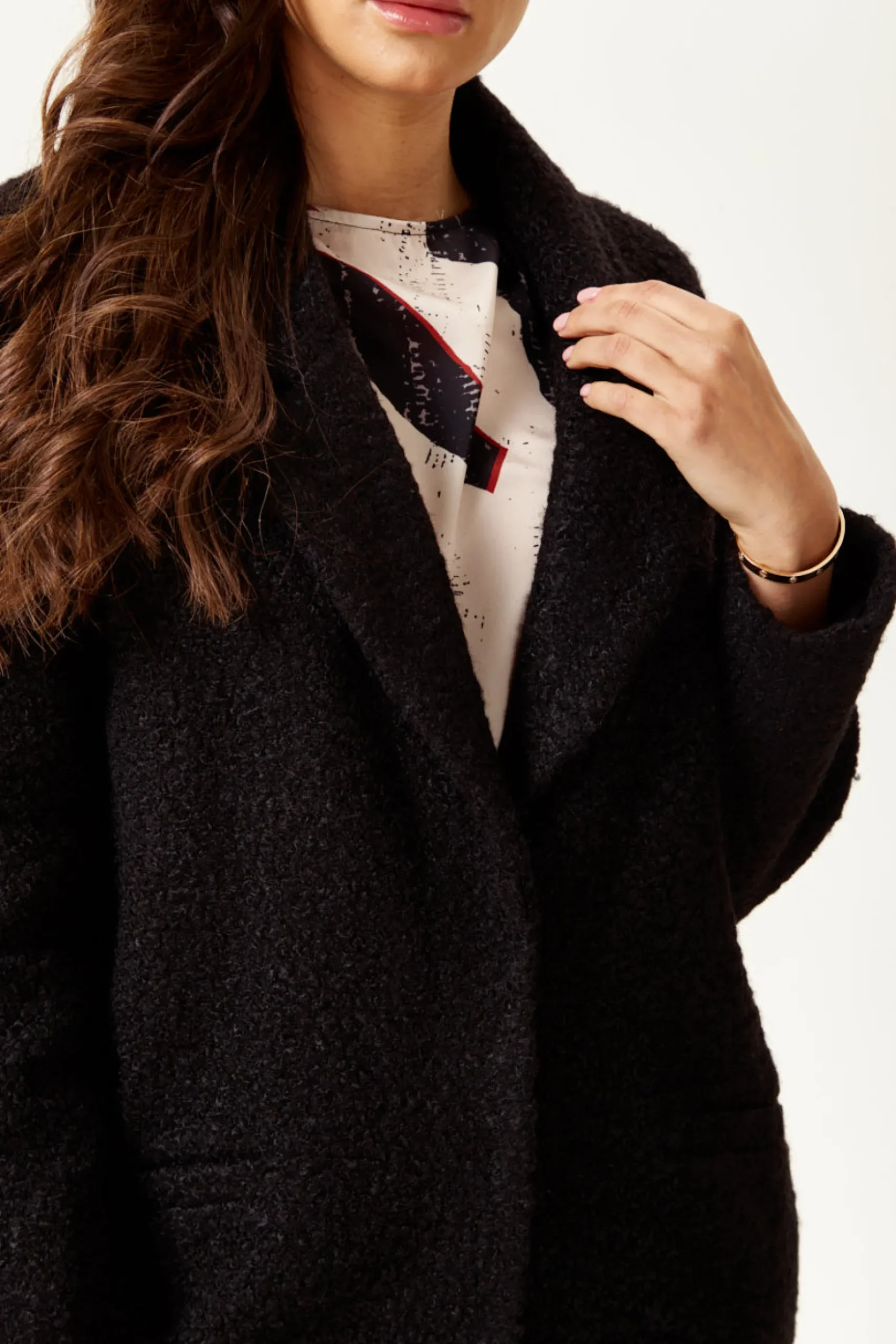 Women's Extra Loose Fit Black Bouclè Coat with Notch Lapels and Dropped Shoulders - Liquorish