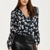 Women's Floral and Bird Print Navy Wrap Top with Long Sleeves, Crossover Front, and Elasticated Waist