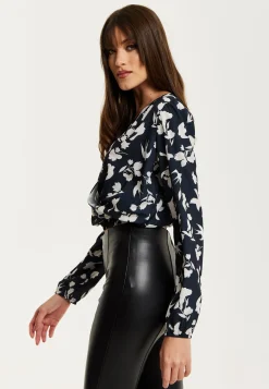Women's Floral and Bird Print Navy Wrap Top with Long Sleeves, Crossover Front, and Elasticated Waist