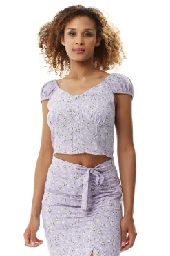 Women's Floral Button Up Front Top In Lilac - Button front, Deep V neck, Elasticated back, Regular fit, Perfect for summer.