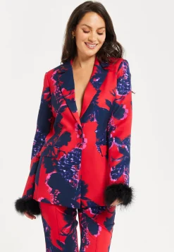 Women's Floral Print Blazer with Faux-Fur Cuffs and Fluffy Trim - Regular Fit by Liquorish