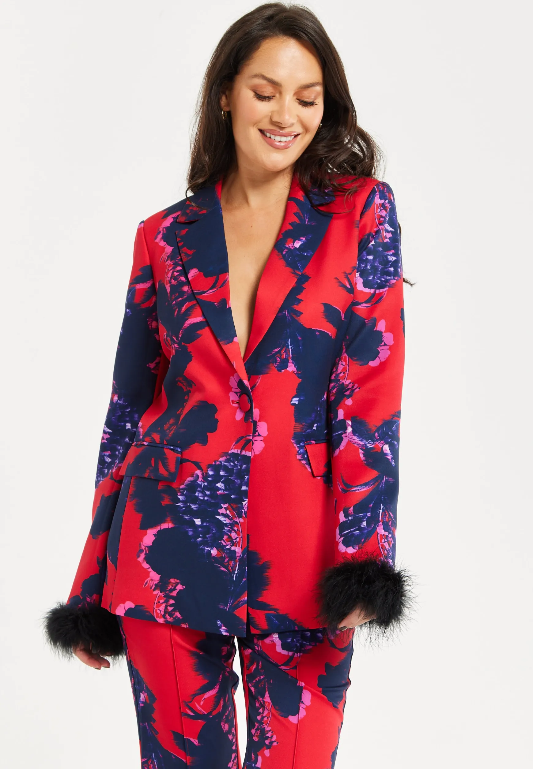 Women's Floral Print Blazer with Faux-Fur Cuffs and Fluffy Trim - Regular Fit by Liquorish