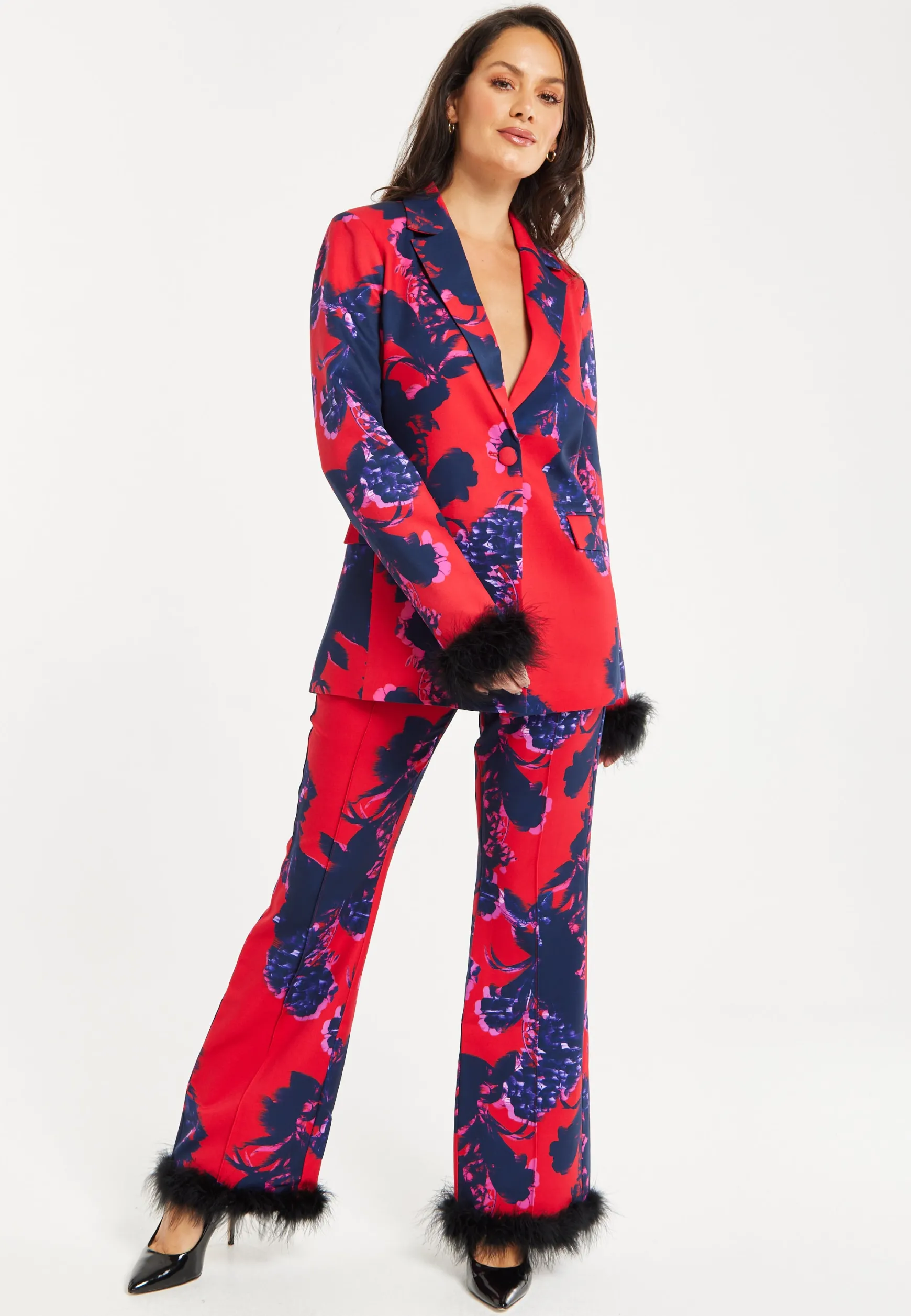 Women's Floral Print Blazer with Faux-Fur Cuffs and Fluffy Trim - Regular Fit by Liquorish