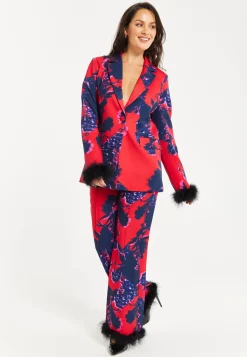 Women's Floral Print Blazer with Faux-Fur Cuffs and Fluffy Trim - Regular Fit by Liquorish