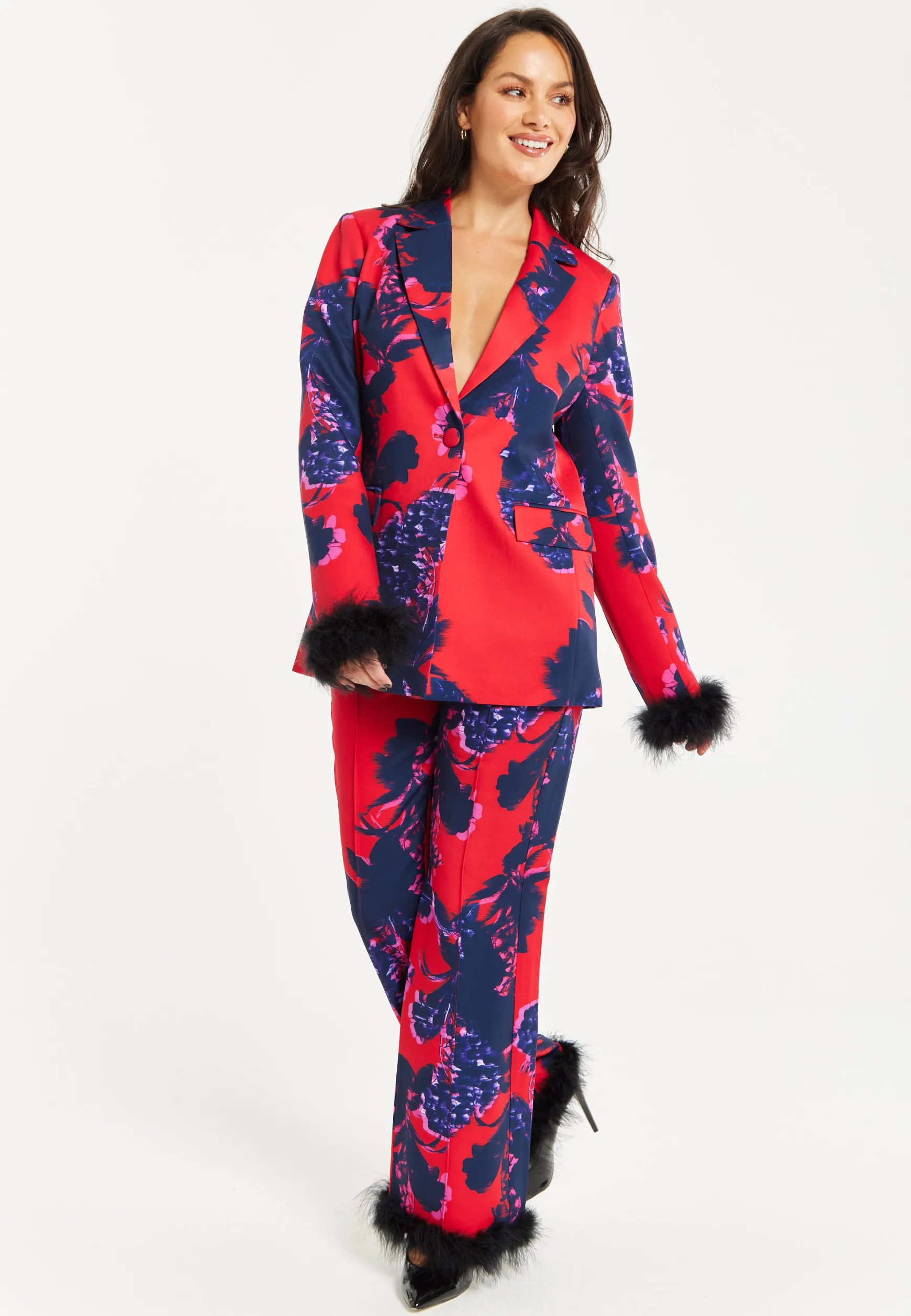 Women's Floral Print Blazer with Faux-Fur Cuffs and Fluffy Trim - Regular Fit by Liquorish