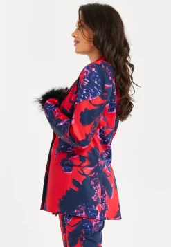 Women's Floral Print Blazer with Faux-Fur Cuffs and Fluffy Trim - Regular Fit by Liquorish