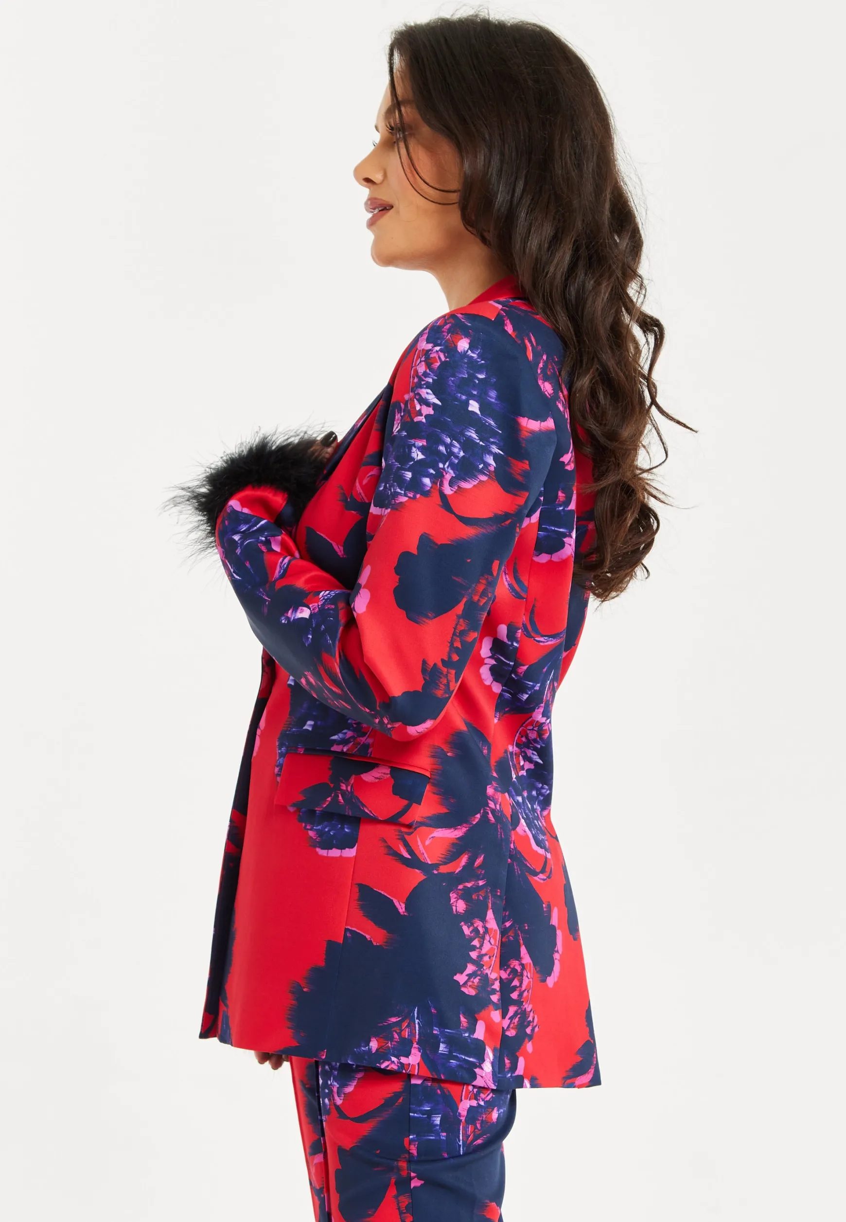 Women's Floral Print Blazer with Faux-Fur Cuffs and Fluffy Trim - Regular Fit by Liquorish