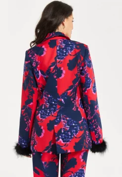 Women's Floral Print Blazer with Faux-Fur Cuffs and Fluffy Trim - Regular Fit by Liquorish