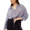 Women's Floral Print Crop Shirt in Lilac - Long Sleeves, Cropped Style, Tie Waist, Perfect for a Stylish Look.