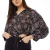 Women's Floral Print Crop Shirt in Black - Painterly print, cropped style, long sleeves, tie waist.
