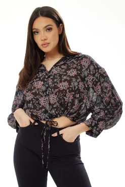 Women's Floral Print Crop Shirt in Black - Painterly print, cropped style, long sleeves, tie waist.