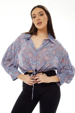 Women's Floral Print Crop Shirt in Lilac - Long Sleeves, Cropped Style, Tie Waist, Perfect for a Stylish Look.