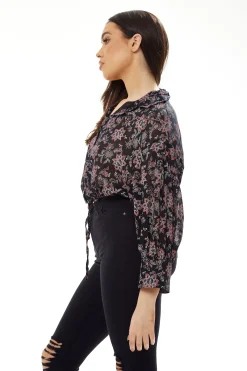 Women's Floral Print Crop Shirt in Black - Painterly print, cropped style, long sleeves, tie waist.