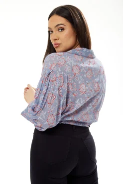 Women's Floral Print Crop Shirt in Lilac - Long Sleeves, Cropped Style, Tie Waist, Perfect for a Stylish Look.