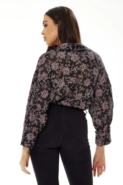 Women's Floral Print Crop Shirt in Black - Painterly print, cropped style, long sleeves, tie waist.