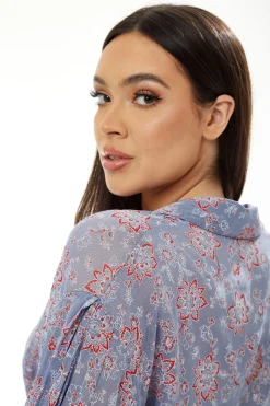 Women's Floral Print Crop Shirt in Lilac - Long Sleeves, Cropped Style, Tie Waist, Perfect for a Stylish Look.