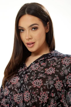 Women's Floral Print Crop Shirt in Black - Painterly print, cropped style, long sleeves, tie waist.