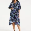Women's Floral Print Midi Wrap Dress with Flared Sleeves and Tie-Side Detail - Elegant and Stylish for Any Occasion