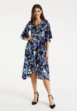 Women's Floral Print Midi Wrap Dress with Flared Sleeves and Tie-Side Detail - Elegant and Stylish for Any Occasion