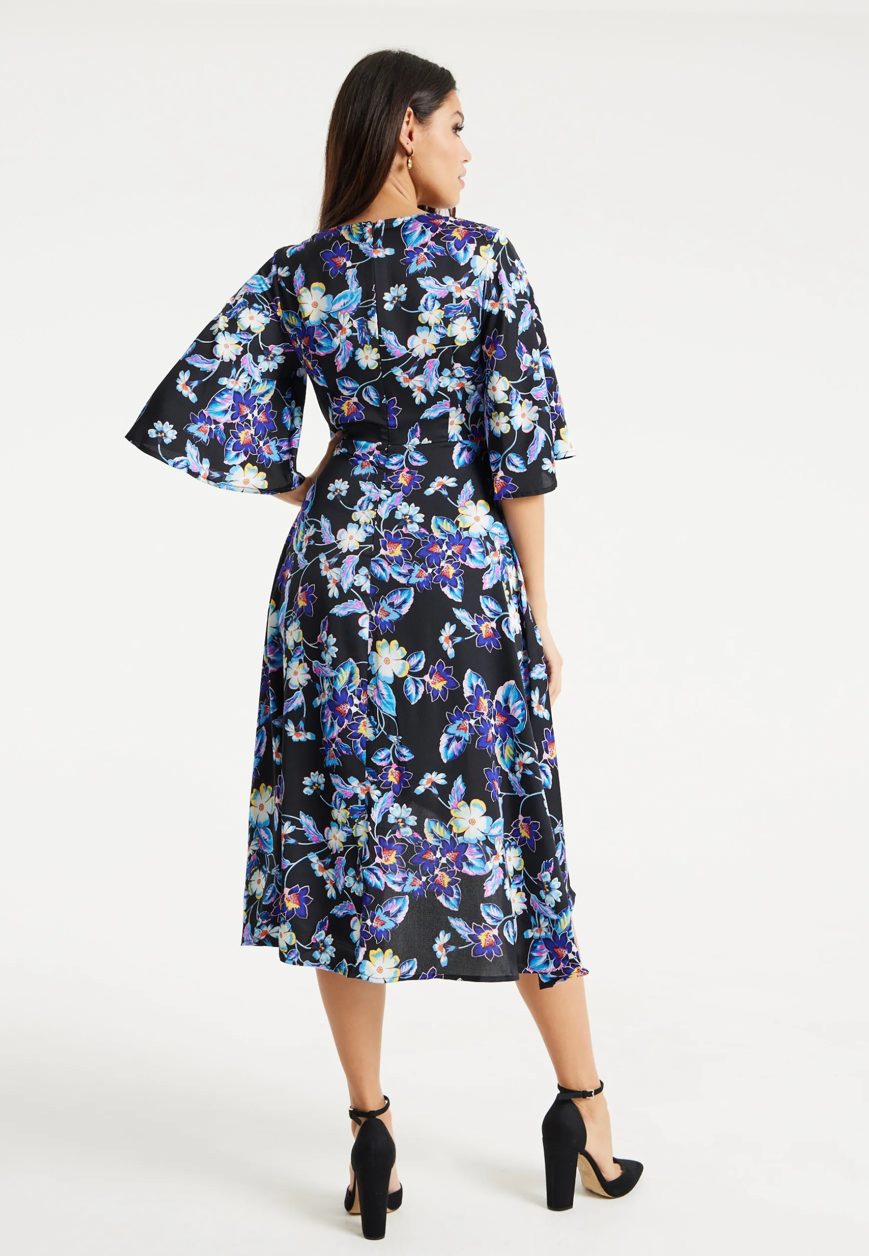 Women's Floral Print Midi Wrap Dress with Flared Sleeves and Tie-Side Detail - Elegant and Stylish for Any Occasion