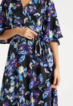 Women's Floral Print Midi Wrap Dress with Flared Sleeves and Tie-Side Detail - Elegant and Stylish for Any Occasion