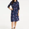 Women's Floral Print Navy Midi Shirt Dress with Long Sleeves and Unique Tie-Side Detail for Effortless Elegance