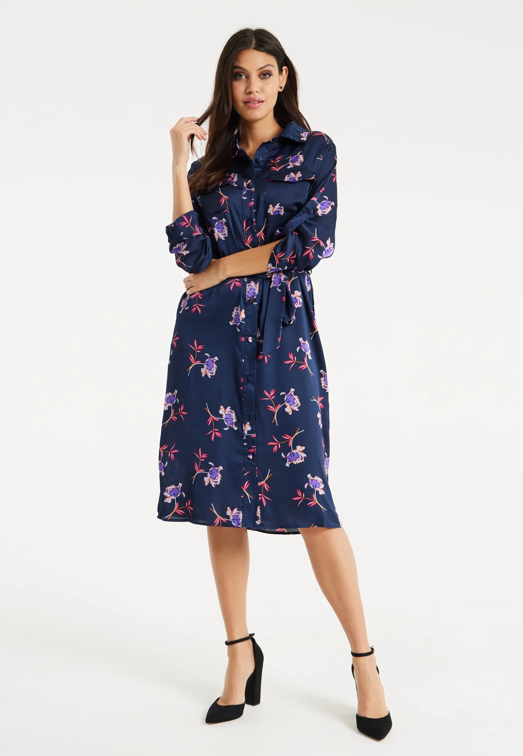 Women's Floral Print Navy Midi Shirt Dress with Long Sleeves and Unique Tie-Side Detail for Effortless Elegance