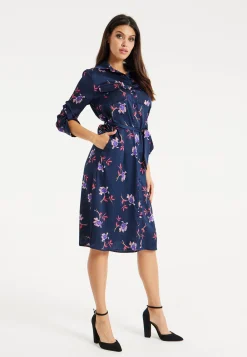 Women's Floral Print Navy Midi Shirt Dress with Long Sleeves and Unique Tie-Side Detail for Effortless Elegance