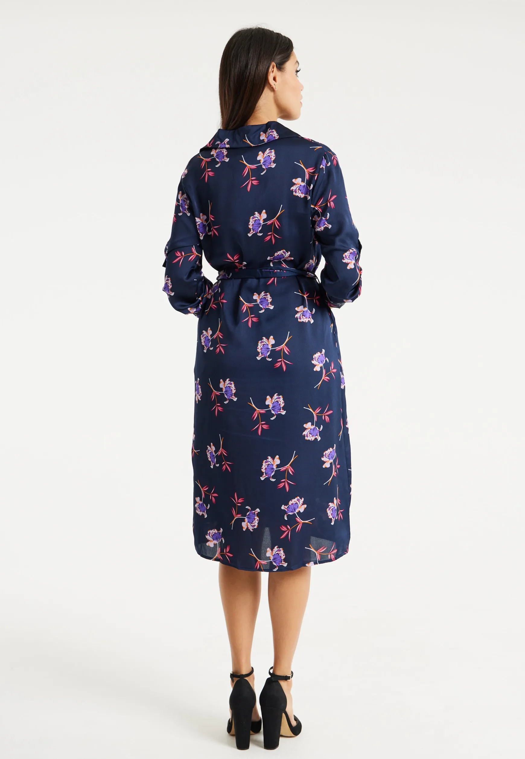 Women's Floral Print Navy Midi Shirt Dress with Long Sleeves and Unique Tie-Side Detail for Effortless Elegance