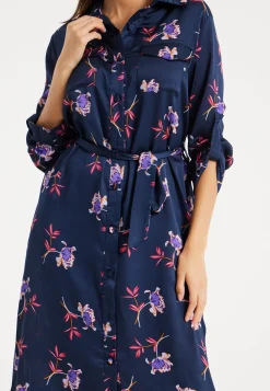 Women's Floral Print Navy Midi Shirt Dress with Long Sleeves and Unique Tie-Side Detail for Effortless Elegance