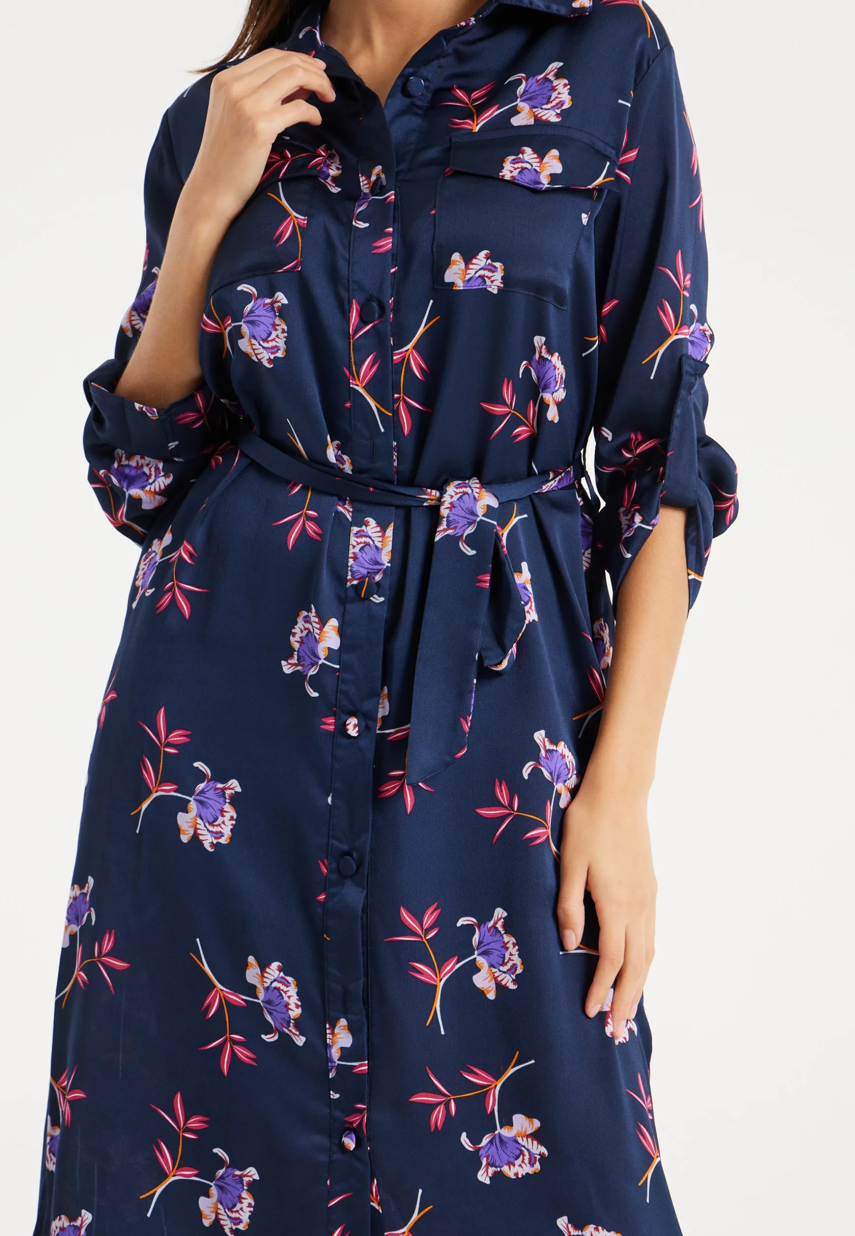Women's Floral Print Navy Midi Shirt Dress with Long Sleeves and Unique Tie-Side Detail for Effortless Elegance