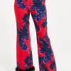 Women's Floral Print Tailored Trousers with Fluffy Hem - High Rise, Zip-Front, Wide Leg, Perfect for Nights Out