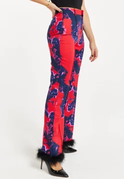 Women's Floral Print Tailored Trousers with Fluffy Hem - High Rise, Zip-Front, Wide Leg, Perfect for Nights Out