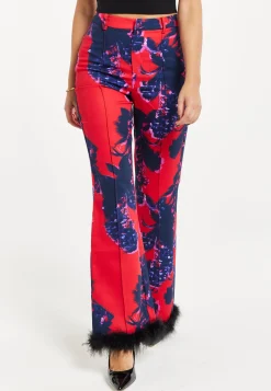 Women's Floral Print Tailored Trousers with Fluffy Hem - High Rise, Zip-Front, Wide Leg, Perfect for Nights Out