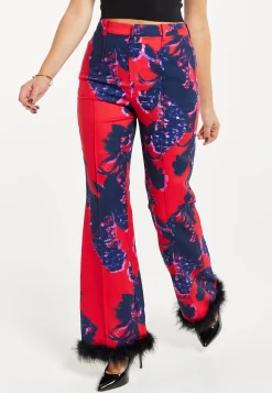 Women's Floral Print Tailored Trousers with Fluffy Hem - High Rise, Zip-Front, Wide Leg, Perfect for Nights Out