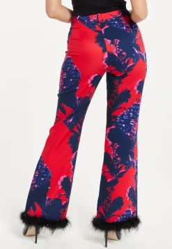 Women's Floral Print Tailored Trousers with Fluffy Hem - High Rise, Zip-Front, Wide Leg, Perfect for Nights Out